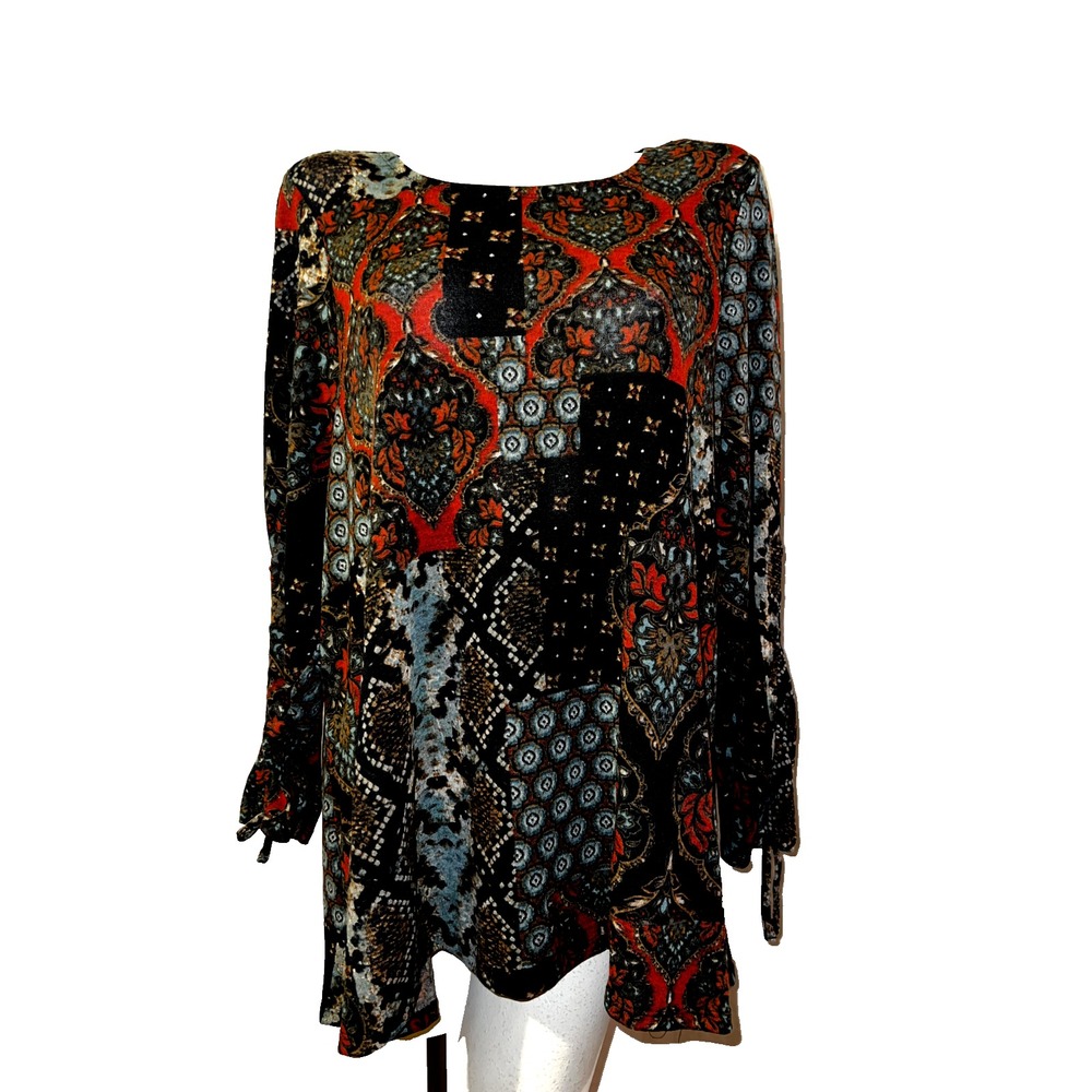 Zac & Rachel Woman 1X Tunic Top Mixed Patchwork Paisley Tie Sleeve Long Sleeve
